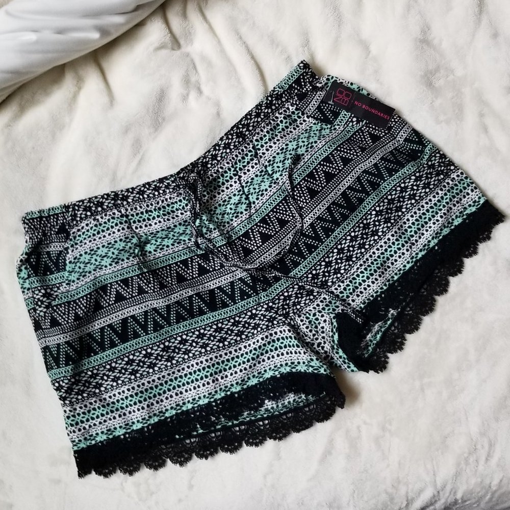 Black Aqua White Drawstring Soft Shorts Lace Trim